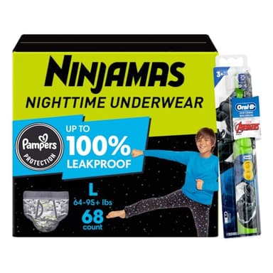 Pampers Ninjamas + Oral-B Toothbrush, Nighttime Training Pants Boys, 68 Count, Size L & Oral-B Kids Power Kid's Toothbrush, Avengers - Image 1