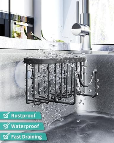 HapiRm Multifunctional Sponge Holder with Unique M-Shaped, 2 Installation Methods Kitchen Sink Caddy Organizer, Rustproof Stainless Steel Sponge Caddy for Brush, Sink Stopper and Scraper -Black - Image 5