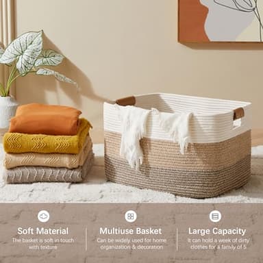 VECELO Large Rope Storage Blanket Basket, 22"x 17"x12" Storage Basket with Handles, Woven Cotton Rope Basket for Storage for Toys, Clothes, Laundry, Pillow, Comforter, Cushions, Gradient Yellow - Image 5