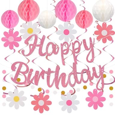 YEOCU Birthday Decorations, NO DIY, Pre-Strung Happy Birthday Banner with Honeycomb Balls, Hanging Swirls, Circle Dots Garland, Happy Birthday Party Decorations for Women Men Boys Girls (Pink) - Image 1