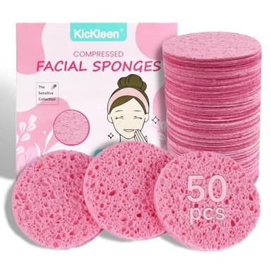 50-Count Compressed Facial Sponges|Kickleen 100% Natural Cellulose Cosmetic Spa Sponges for Daily Facial Cleansing|Makeup and Mask Removal|Exfoliating|Skin Massage|Pore Exfoliation (50 Count (Pink)) - Image 1