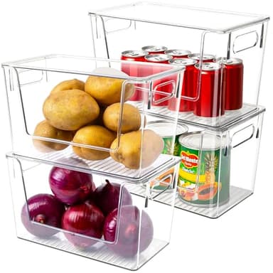 4 Pack Large Stackable Storage Bins, Plastic Container Organizer with Open Front, Pantry Organizers and Storage for Potato, Onion, Fruit and Vegetable, Clear Kitchen Laundry Organizer with Lid - Image 1