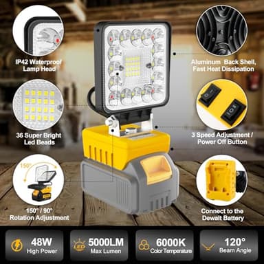 2 PCS Cordless LED Work Light for Dewalt 18V 20V Max Battery, 5000LM Battery Light for Dewalt 20v Tools, Portable Work Light with USB & Type-C Charging for Jobsite, Garage, Car Repairing, Emergency - Image 5