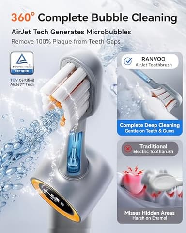 RANVOO [Vibrating & Flossing 2-in-1] AirJet Bubble Sonic Electric Toothbrush, 100% Plaque Removal, White for Adult Protect Gum Orthodontic Teeth Clean Rechargeable Gift with 2 Soft Brush Heads Grey - Image 4