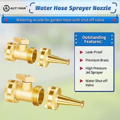AUTOMAN Brass Hose Nozzle - High Pressure Jet Nozzle 4 Count (2 Set), Heavy Duty Water Hose Sprayer Sweeper with Hose Shutoff Valve, 3/4” GHT Nozzles for Garden Hose, Car Wash, Extra 10 Rubber Washers - Image 4