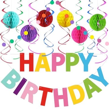 LITAUS Colorful Birthday Decorations Kit - 16-Piece Set with Pre-Strung Happy Birthday Banner, Honeycomb Balls, Garland & Swirls | Rainbow Theme Party Supplies for Women Men Kids, Teens Adults - Image 1