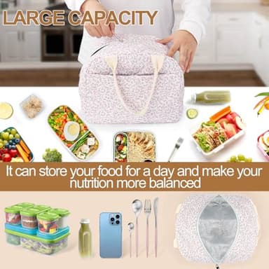 Cotton Quilted Insulated Lunch Bag, Cute Quilted Floral Lunch Tote Bags Reusable Insulated Lunch Box Coquette Aesthetic Large Capacity Insulated Cooler for Women Work Travel Picnic (Pink) - Image 5