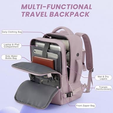 Sinaliy Travel Backpack, Carry on Flight Approved Backpack with Multi-Pockets, TSA Waterproof 17.3inch Laptop Backpack, Personal Item Travel Bag for Men Women, Light Purple - Image 4