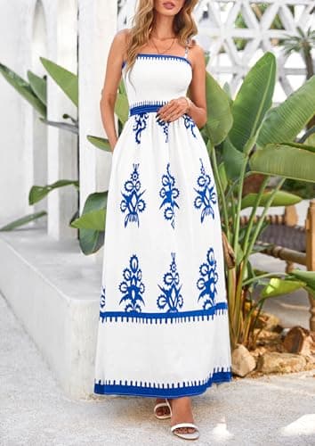PRETTYGARDEN Summer Dress for Women 2025 Floral Sundress Spaghetti Strap Flowy Beach Vacation Boho Maxi Dresses (White Blue Floral,Small) - Image 8