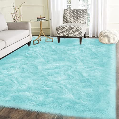 Latepis Light Blue Area Rug 6x9 Faux Fur Teal Rugs for Living Room Washable Shag Fluffy Rugs for Bedroom Dorm Fuzzy Soft Rug Home Decor Rectangle - Image 1