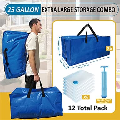 12 Pack Heavy Duty Extra Large Moving Bags with Backpack Straps & Large Vacuum Storage Bags Moving Supply Combo, Moving Totes with Handles & Zippers for Space Saving, Fold Flat, Includes Vacuum Bags - Image 2