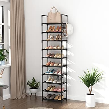 LANTEFUL 10 Tiers Tall Shoe Rack 20-25 Pairs Boots Organizer Storage Sturdy Narrow Shoe Shelf for Entryway, Closets with Hooks, Black - Image 7
