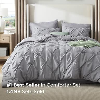 Bedsure Queen Comforter Set Grey - Bed in a Bag Queen Size 7 Pieces, GentleSoft™ Pintuck Bed Set Gift for Family, Pinch Pleat All Season Comforter with Sheets, Pillowcases & Shams - Image 2