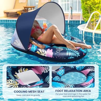 Inflatable Pool Floats with UPF50+ Canopy-Removable-120° Adjustable, Large Pool Beach Floating Raft Lounge with 2 Cup Holders, Swimming Inflatable Pool Floats for Beach, Lake, Party - Image 5