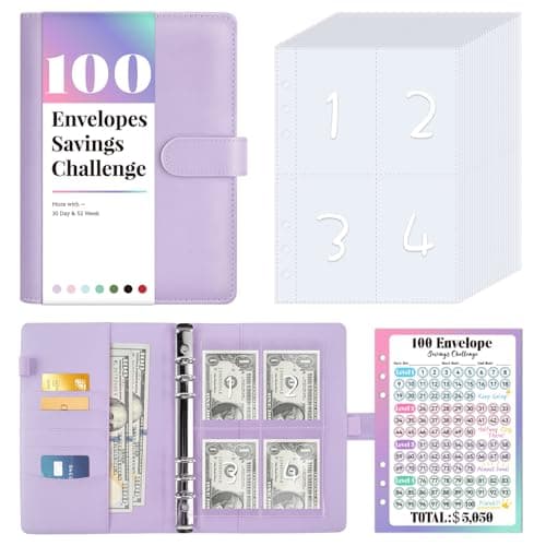 Sooez 100 Envelopes Money Saving Challenge, Savings Challenges Book with Envelopes & Challenge Tracker, Motivational Process to Save $5050, Money Saving Binder 100 Pocket Pre-numbered, Purple - Image 1