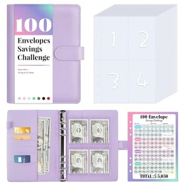 Sooez 100 Envelopes Money Saving Challenge, Savings Challenges Book with Envelopes & Challenge Tracker, Motivational Process to Save $5050, Money Saving Binder 100 Pocket Pre-numbered, Purple - Image 1