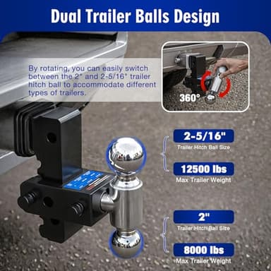 DEWOT Adjustable Trailer Hitch Fits 2" Receiver - Heavy-Duty 12,500 lbs GTW Aluminum Tow Hitch with Dual Ball (2" & 2-5/16"), 6" Drop/Rise, 4 Silencer Pads & Anti-Theft Lock for Trucks and SUVs - Image 4