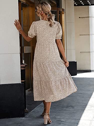 PRETTYGARDEN Summer Dresses for Women 2025 Casual Floral Boho Midi Sun Dress Puff Short Sleeve Flowy Beach Vacation Sundress (Apricot,Large) - Image 3