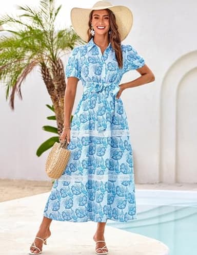 GRACE KARIN Women's 2025 Summer Floral Flowy Dresses Boho Tie Belt Short Puff Sleeve A Line Maxi Shirt Dress with Pocket White Blue Large - Image 5