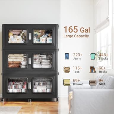 BROVIEW 165Gal Extra Large Storage Bins with Lids, 660Qt Plastic Stackable Storage Bins with Wheels, Collapsible Closet Organizer and Storage Drawers, Storage Cabinets for Home, Office, 3 Pack, Black - Image 6