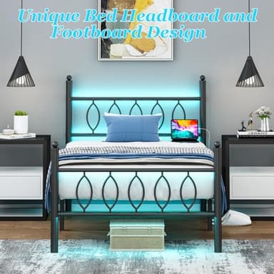 Samurbex Twin Size Bed Frame with Headboard,Black Metal Platform Bed Frame Twin Size with Charging Station & LED Lights,12-Inch Under Bed Storage,No Box Spring Needed,Noise Free,Easy to Assemble - Image 7