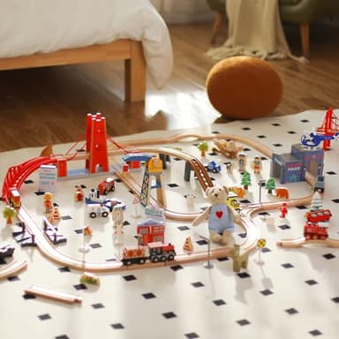Giant bean 117 Pcs Busy Port City Train Set for Kids- Expandable & Changeable Wooden Train Track Set Toy, for Boys & Girls Ages 3-14 - Image 8