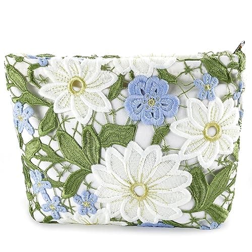 URSKYTOUS Flower Makeup Bags Travel Large Floral Cosmetic Bag for Women Cute Makeup Pouch Zippered Portable Toiletry Bag Lace Trendy Aesthetic Make up Organizer Bag Cosmetic Pouch for Purse - Image 1