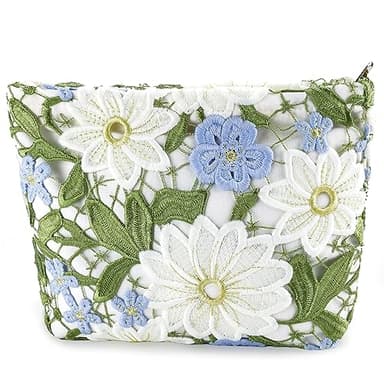 URSKYTOUS Flower Makeup Bags Travel Large Floral Cosmetic Bag for Women Cute Makeup Pouch Zippered Portable Toiletry Bag Lace Trendy Aesthetic Make up Organizer Bag Cosmetic Pouch for Purse - Image 1