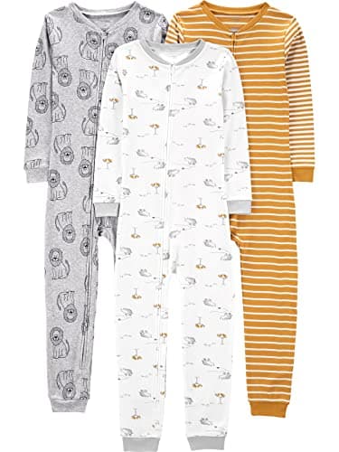 Simple Joys by Carter's Baby Boys' 3-Pack Snug Fit Footless Cotton Pajamas, Gold Stripe/Grey Lion/White Animal, 5 - Image 1