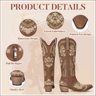 Dixhills Brown Cowboy Boots for Women - Wide Calf Knee High Cowgirl Boots, Glitter Sparkly Rhinestone Western Country Boots with Classic Embroidery, Pointed Toe Pull On Zipper Retro Boots Size 7.5 - Image 4