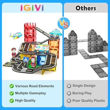 IGIVI Magnetic Tiles City Road Set with Magnet Car, Magnetic Blocks Building Toys for Kids, STEM Construction Toys for Toddlers, Gifts for 3+ Year Old Boys & Girls - Image 3