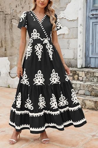 PRETTYGARDEN Womens 2025 Summer Casual V Neck Boho Maxi Dress Flowy Aline Bell Sleeve Tiered Floral Dresses with Pocket (Floral Black White,X-Large) - Image 4