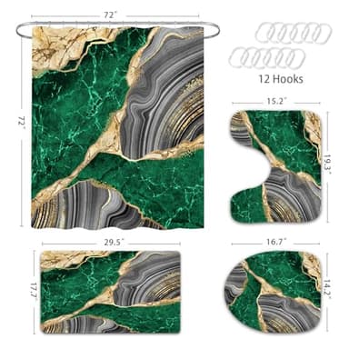 Gibelle 4 Pcs Marble Shower Curtain Set with Non-Slip Rugs, Toilet Lid Cover and Bath Mat, Luxury Emerald Green Bathroom Decor Set with Shower Curtain and Rugs and Accessories - Image 6
