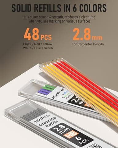 Nicpro 6 Pack Carpenter Pencil with Sharpener,Mechanical Pencils Set 54PCS Refills(Black,Red,Yellow,Blue,Green,White) Deep Hole Marker Construction Heavy Duty Woodworking -With Case - Image 6