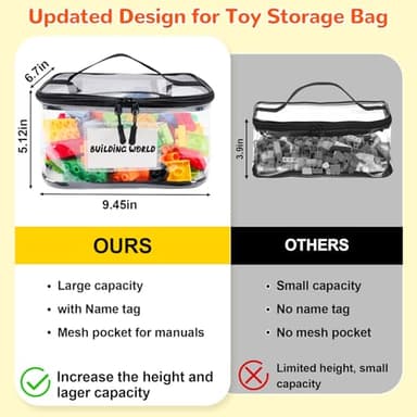 Tesuko 6 Pack Clear Toy Storage Bag with Name Tag& Manual Pocket, Waterproof Transparent PVC Toy Organizer Case for Lego Bricks, Board Games, Building Blocks, Puzzles (Large Capacity, Black) - Image 6