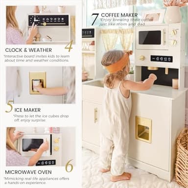 Tiny Land Play Kitchen for Kids, Toy Kitchen Set with Plenty of Play Features, New Modern Kids Wooden Play Kitchen Designed in Trendy Home Style with Curtains, Gift for Ages 3+ - Image 4