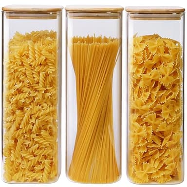 HomArtist Square Glass Jars with Bamboo Lids 79 FL OZ [Set of 3], Glass Canisters with Airtight Lid, Glass Food Storage Containers for Spaghetti, Fettuccine, Linguine,Pasta, Best for Kitchen & Pantry - Image 1