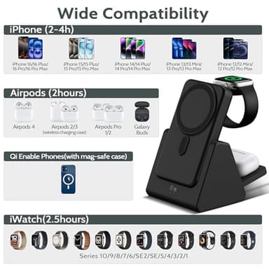 Mag-Safe Charger Wireless Charging Station: 3 in 1 10000mAh Portable Power Bank Compatible for iPhone 16/15/14/13/12 Series and Apple Watch - Magnetic Charging Stand Black - Image 2