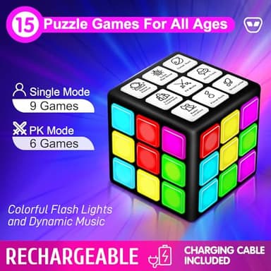 Xinbeiya Rechargeable Game Handheld Cube - 15 Fun Brain & Memory Game with Score Screen - Christmas Easter Birthday Gifts for Boys Girls Ages 6-12+ Years Old - Toy Gift Idea for Kids Teens (Black) - Image 2