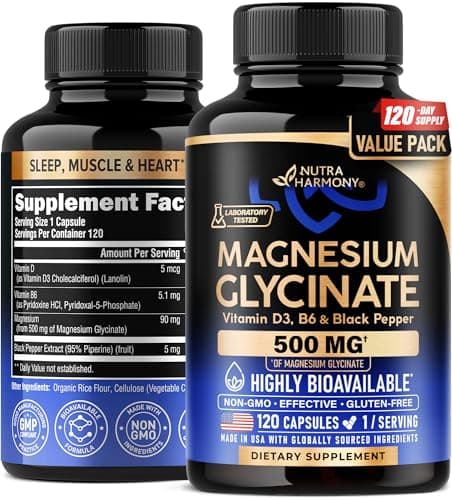 Magnesium Glycinate 500 mg - Chelated Supplement - 98% High Absorption - Support for Sleep, Muscle & Heart Health - Made in USA, Lab Tested & Non-GMO - 120 Capsules - Image 1