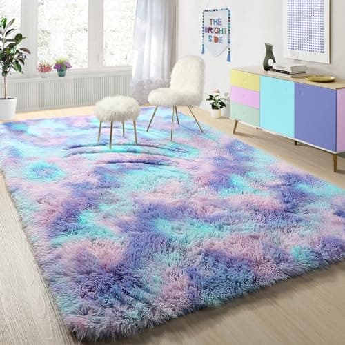 PAGISOFE Cute Furry Pastel Rug for Girls Bedroom, Soft Shag Rainbow Purple Tent Rugs for Livingroom, Kids Room, Playroom Nursery Home Decor, Plush Mermaid Kawaii Rug Fluffy Fuzzy Carpet 4x6 Area Rug - Image 1