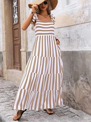 PRETTYGARDEN Womens Dresses 2025 Summer Striped Sleeveless Maxi Dress Casual Spaghetti Strap Tiered Flowy Beach Long Dress(Striped Khaki,Small) - Image 2
