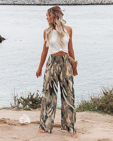 Angerella Women's Loose Fit Palazzo Pants for Work Casual High Waist Stretchy Wide-Leg Trousers with Pockets BrownGreen XL - Image 2