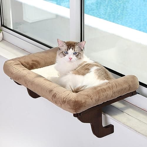 Zakkart Cat Perch for Window Sill with Bolster - Orthopedic Hammock Design with Premium Hardwood & Robust Metal Frame - Cat Window Seat for Large Cats and Kittens - Dark Stained Wood with Brown Bed - Image 1