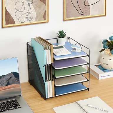 LEKETREE Desk Organizers and Accessories, 5-Tier Paper Letter Tray Organizer with File Holder, Desktop Organizer for Office Supplies (Black) - Image 2