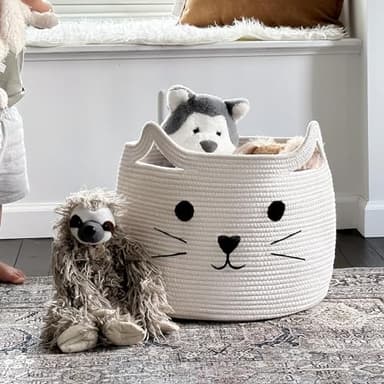HiChen Large Woven Cotton Rope Storage Basket, Baby Laundry Basket Organizer for Towels, Blanket, Toys, Clothes, Gifts | Pet Gift Baskets for Cat, Dog - 15.7" L×11.8" H - Image 4