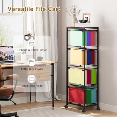 EasyPAG 4 Tier Rolling File Cart on Wheels Pull-Out Letter/Legal Size Hanging File Folder Rack for Home Office, Black - Image 3
