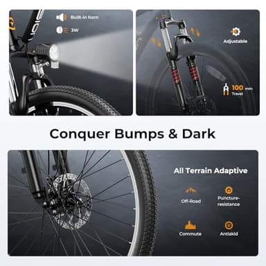 Jasion EB5 Electric Bike for Adults with Peak 500W Brushless Motor, 40Miles 20MPH Commuting Electric Mountain Bike with 360Wh Removable Battery, 7-Speed, 26" Tires and Front Fork Suspension - Image 6