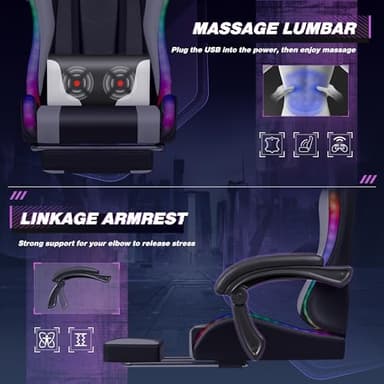 Homall Gaming Chair, Video Game Chair with Footrest and Massage Lumbar Support, Ergonomic Computer Chair Height Adjustable with Swivel Seat and Headrest (RGB White) - Image 5