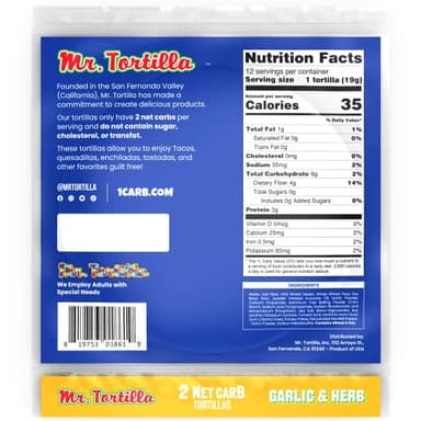 Mr. Tortilla Low Carb Keto Soft Taco Shells, Vegan, Quesadillas, Burritos, Heathy Bread Alternative, 2 Net Carbs, Delicious Small Batch Kosher Wraps - (Garlic & Herb, 12 Count) - Image 2